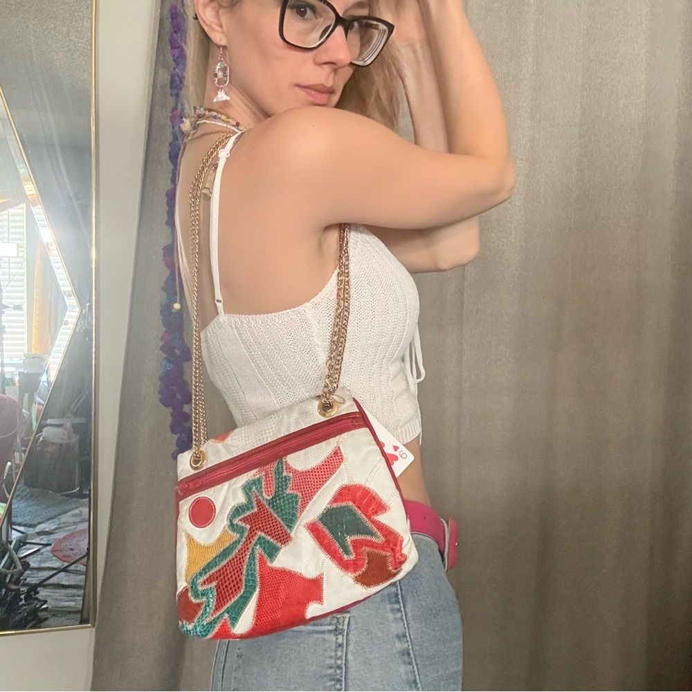 SOLD Vintage White Multicolor Graphic Crossbody Bag with Gold Chain